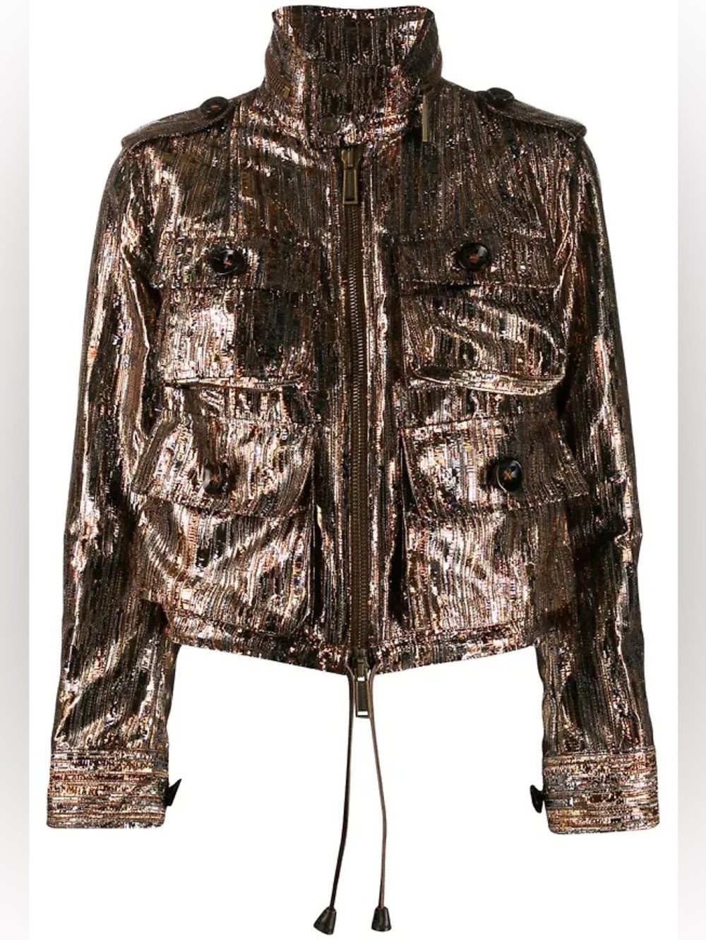 Dsquared2 Metallic Jacquard Bomber Jacket SS20 Gold Military Hidden Hood Size 40